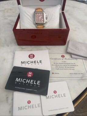 Michele Pink Dial Watch with yellow Leather Strap